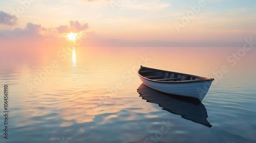 A lone boat on a calm ocean, drifting into an endless horizon, symbolizing lifes journey and freedom. Pastel sunset.