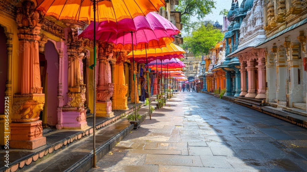 Fototapeta premium Colorful Temple Street in India with Umbrellas and Stone Columns