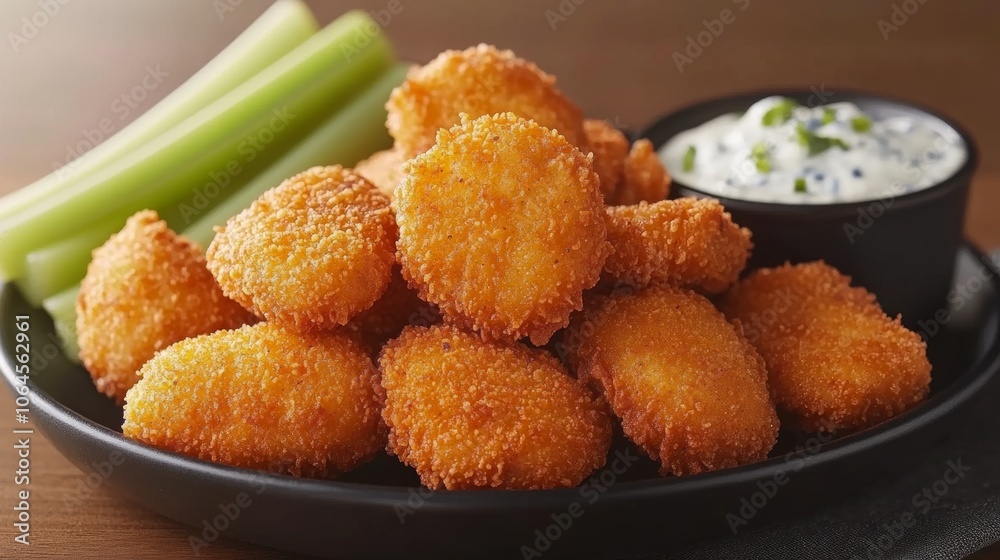 Crispy Fried Chicken Nuggets with Celery Sticks and Dipping Sauce Crispy Fried Chicken Nuggets with Celery Sticks and Dipping Sauce