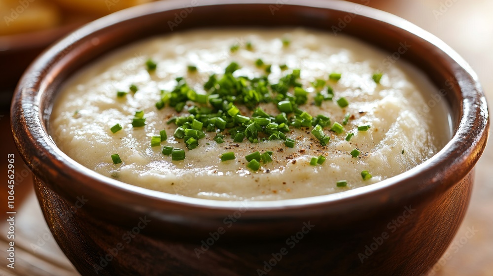 Creamy Potato Soup with Chives in Rustic Bowl