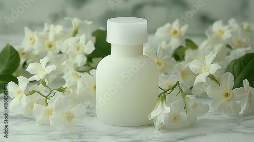 White Jasmine Flowers and Bottle on Marble Surface