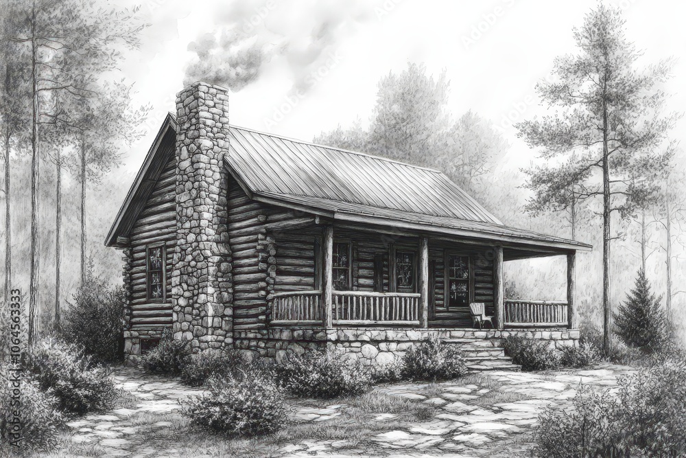 A cozy log cabin stands peacefully in the woods, with smoke billowing from the chimney, blending with the tranquil forest surroundings