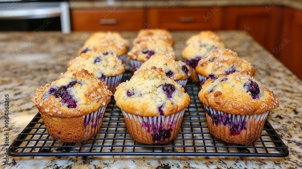 Freshly Baked Blueberry Muffins on Cooling Rack Freshly Baked Blueberry Muffins on Cooling Rack