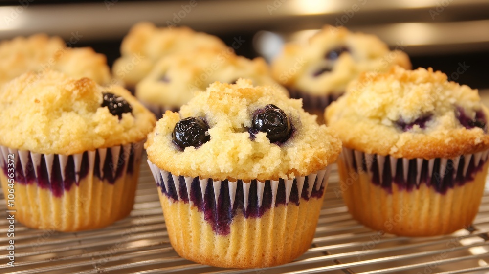 Freshly Baked Blueberry Muffins on Wire Rack Freshly Baked Blueberry Muffins on Wire Rack