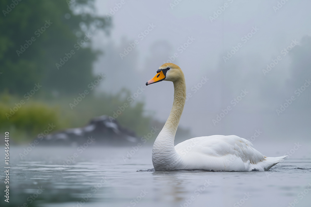 A white swan with a yellow beak swimming in a misty lake A white swan with a yellow beak swimming in a misty lake