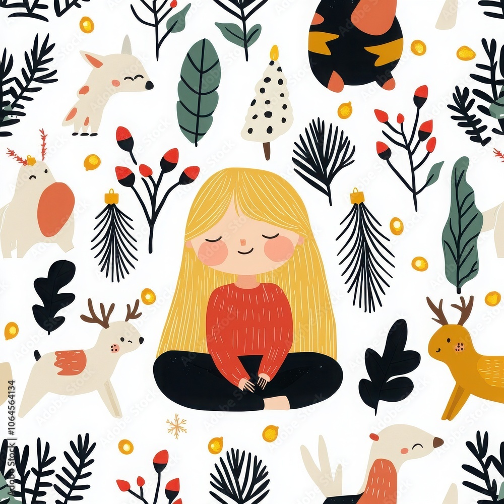 Happy girl surrounded by cute animals and plants, whimsical illustration style. Happy girl surrounded by cute animals and plants, whimsical illustration style.
