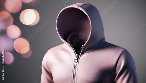 Vibrant bokeh effect photography of a highly detailed 3D mockup of a men's hooded sweatshirt, featuring a metallic zipper, against a soft, gradient grey background, ideal for branding or printing purp photo