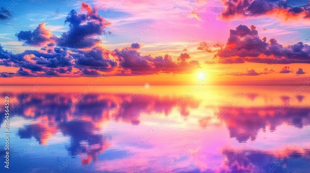 Fototapeta premium Colorful Sunset Over Calm Ocean with Cloud Reflections
