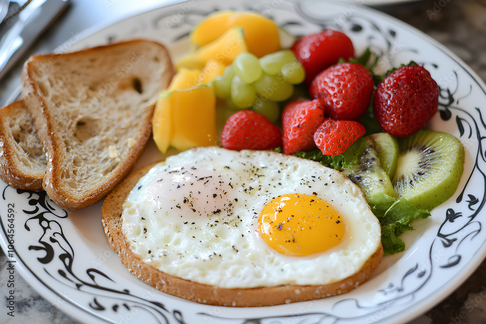 Breakfast spread with eggs, toast, and fruit, Monday morning, healthy and delicious. Breakfast spread with eggs, toast, and fruit, Monday morning, healthy and delicious.