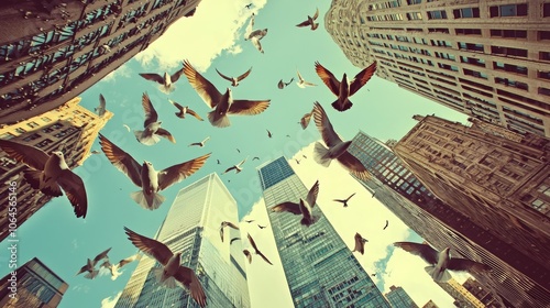 Wallpaper Mural Exotic Birds Flying Around Tall Skyscrapers Torontodigital.ca