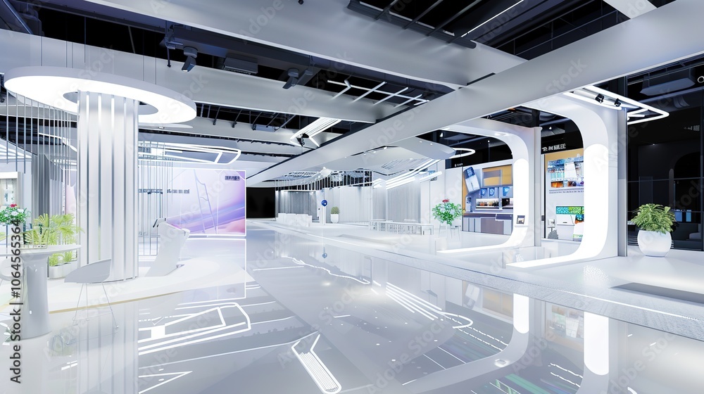 Fototapeta premium White Indoor Space Exhibition Hall Background - a spacious and elegant visual. The white indoor space of the exhibition hall creates a serene and stylish scene.