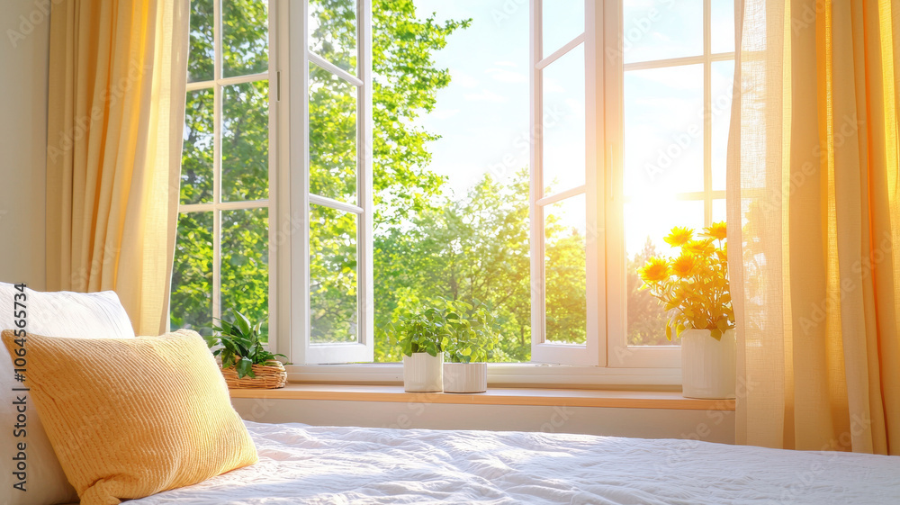 Fototapeta premium bright bedroom with large windows, yellow curtains, and plants, creating serene atmosphere