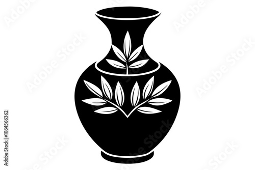 Vase silhouette vector. Vase with flowers and leaves, white background, vector illustration.