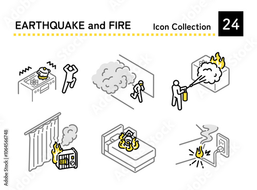 Set of illustrations of fires after an earthquake