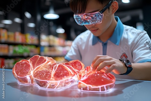 Augmented reality interface of a person selecting fat-burning foods in a futuristic grocery store photo