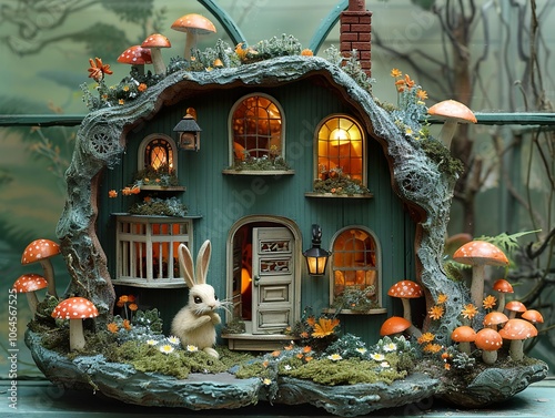 Enchanted Miniature House with Rabbit and Mushrooms photo