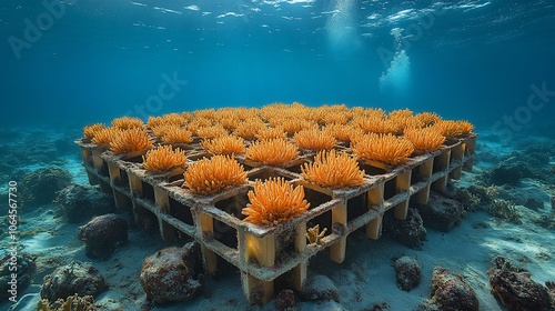 Fototapeta Naklejka Na Ścianę i Meble -  Coral reef restoration project with coral fragments growing on a metal frame underwater.