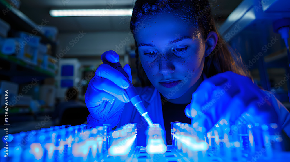 Fototapeta premium researcher uses a pipette over test tubes in a lab with a blue light