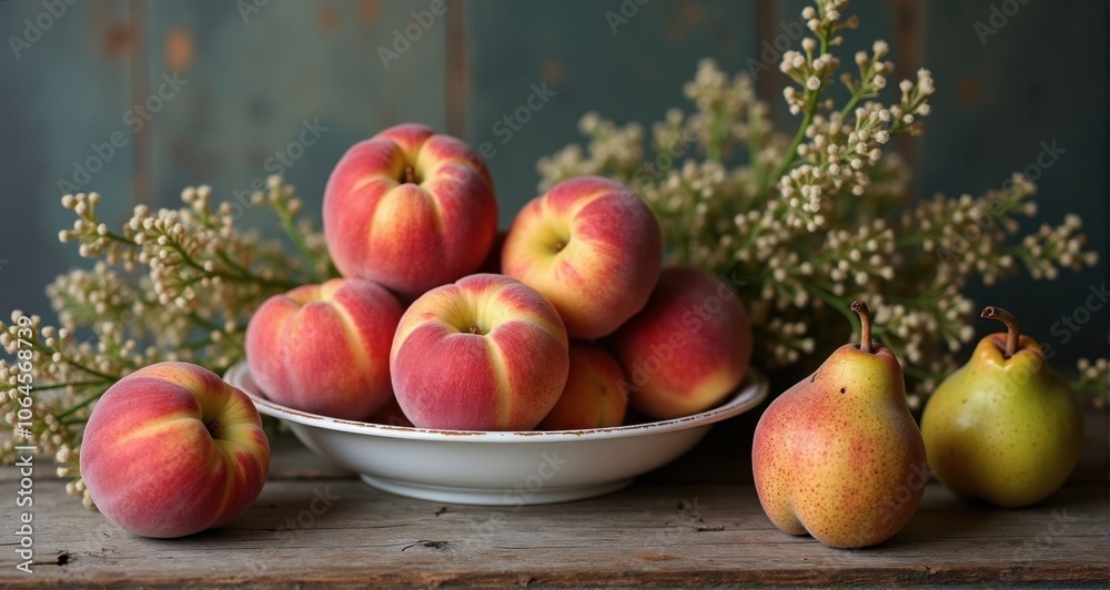 Fresh peaches and pears in a rustic setting Fresh peaches and pears in a rustic setting