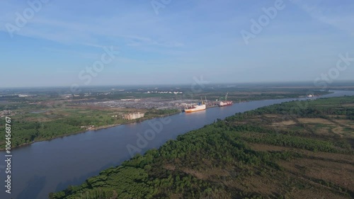Wallpaper Mural Aerial view of Zarate cargo port on banks of Paraná River in Buenos Aires, Argentina. 4k. Torontodigital.ca