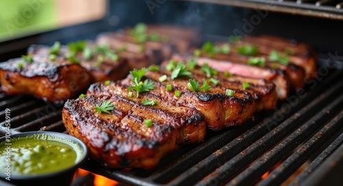 Grilled steaks with fresh herbs