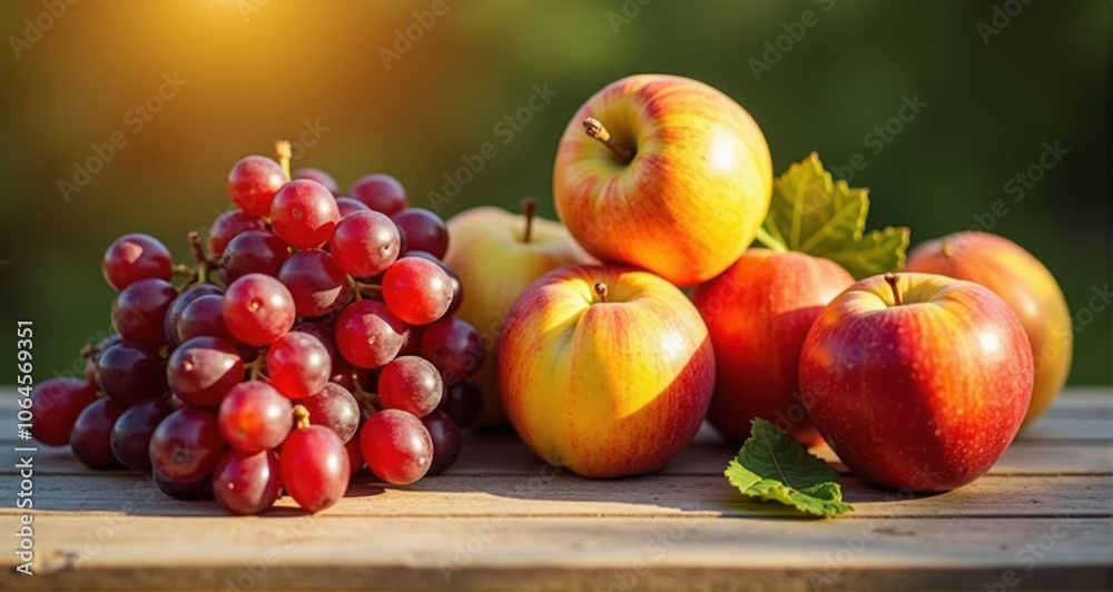 Fresh apples and grapes on a wooden table Fresh apples and grapes on a wooden table