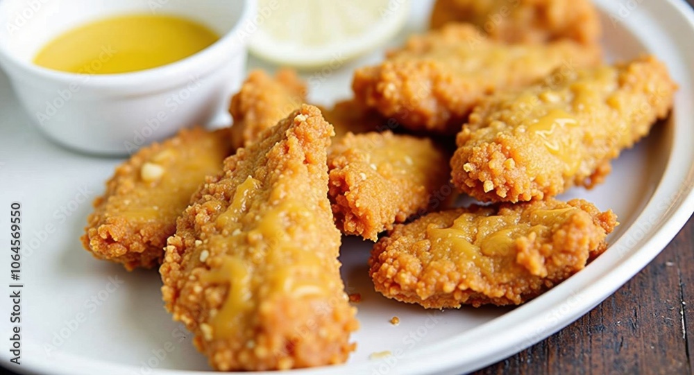 Golden crispy chicken tenders with sauce Golden crispy chicken tenders with sauce