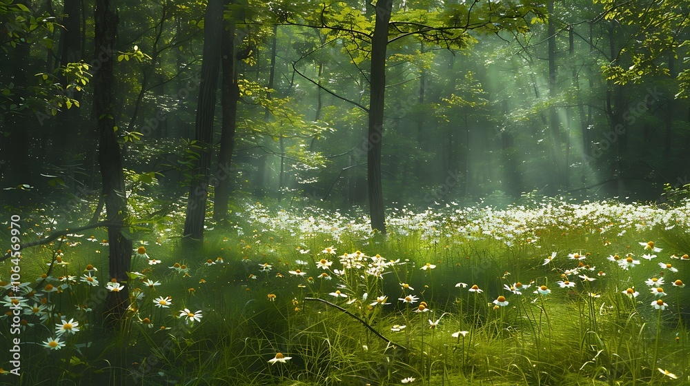 Fototapeta premium Falls influence on melancholic woodlands and seasonal wildflowers