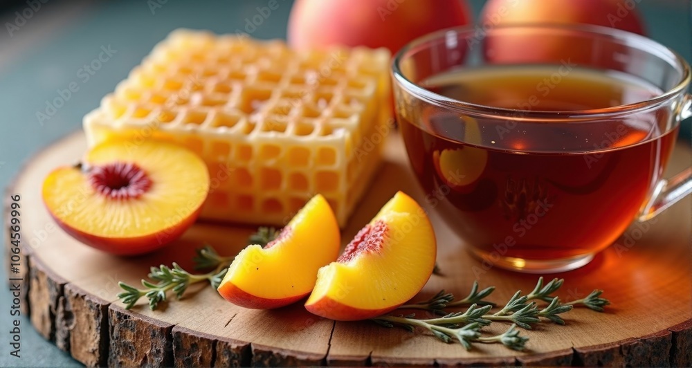 Delicious tea, peaches, and honeycomb display. Delicious tea, peaches, and honeycomb display.