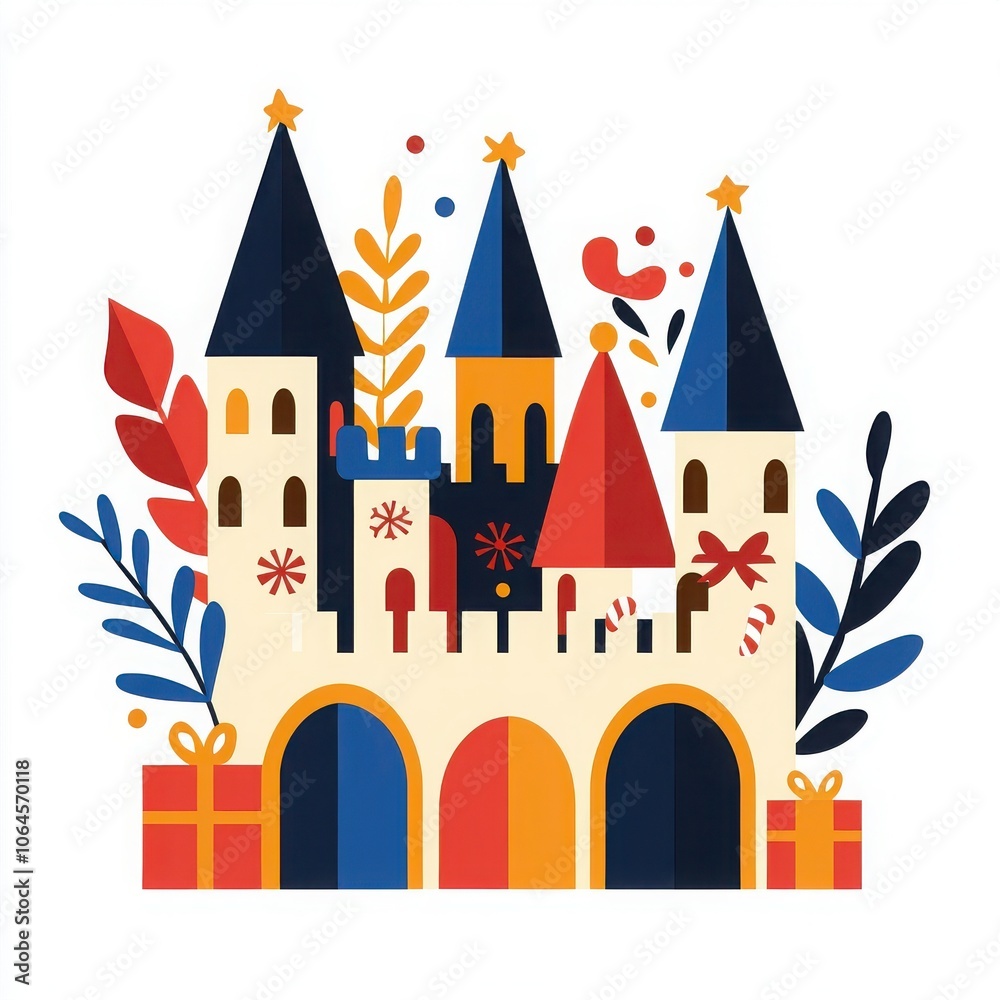 Obraz premium Colorful castle illustration with gifts and decorative foliage, white isolated background.