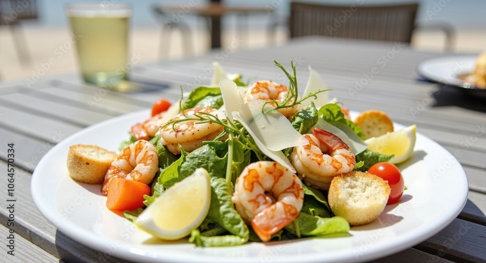 Vibrant shrimp salad on a sunny terrace Vibrant shrimp salad on a sunny terrace