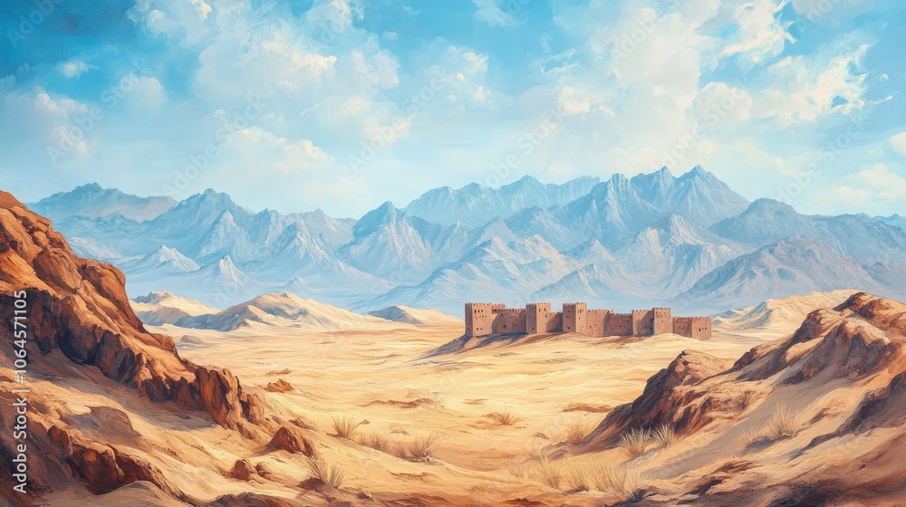 Desert Landscape with Mountains and Ancient Ruins Desert Landscape with Mountains and Ancient Ruins