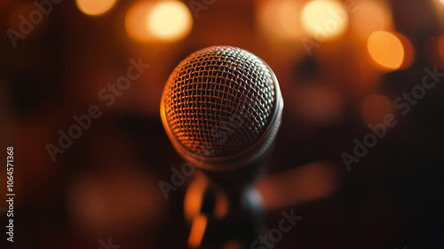 Microphone is shown in a blurry background with a bright orange background. The microphone is the main focus of the image, and it is a close up shot