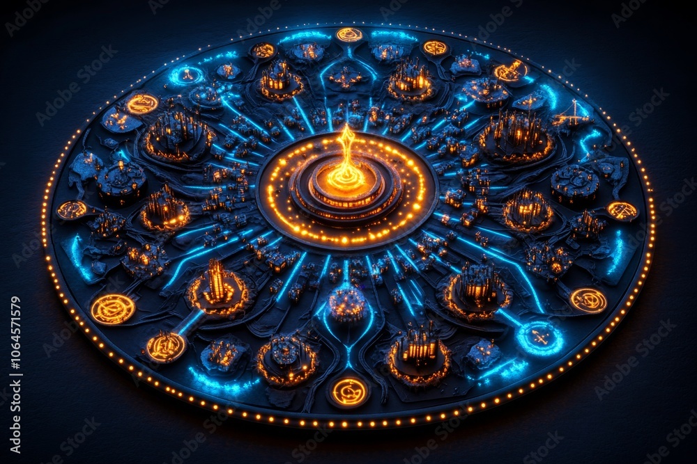 Fototapeta premium Fantasy map of cities connected by glowing lines and enchanted symbols, capturing decentralized magic and shared power
