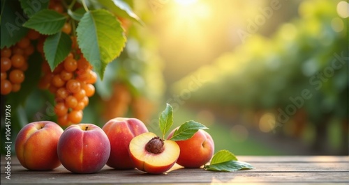 Fresh peaches with a sunny vineyard backdrop photo