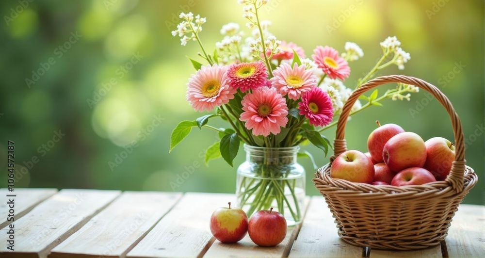 Colorful flowers and fresh apples Colorful flowers and fresh apples