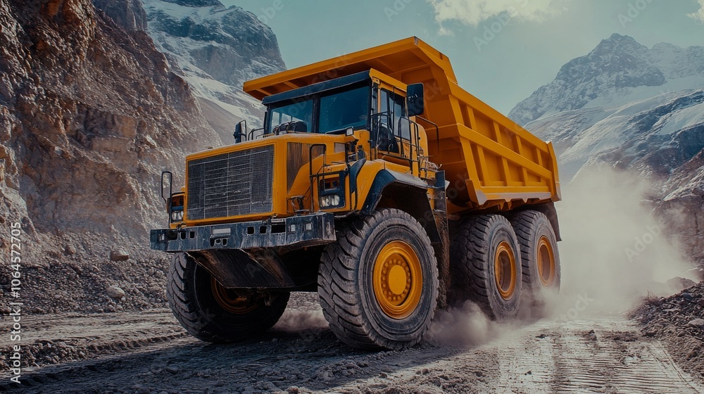 A large, yellow dump truck navigates through rugged terrain in a mountainous area, transporting materials amidst dust clouds during daylight. A large, yellow dump truck navigates through rugged terrain in a mountainous area, transporting materials amidst dust clouds during daylight.