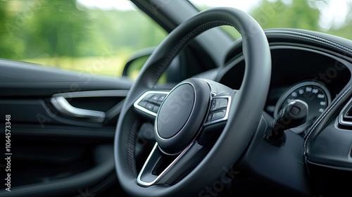 Modern Car Interior with Focus on Steering Wheel and Dashboard