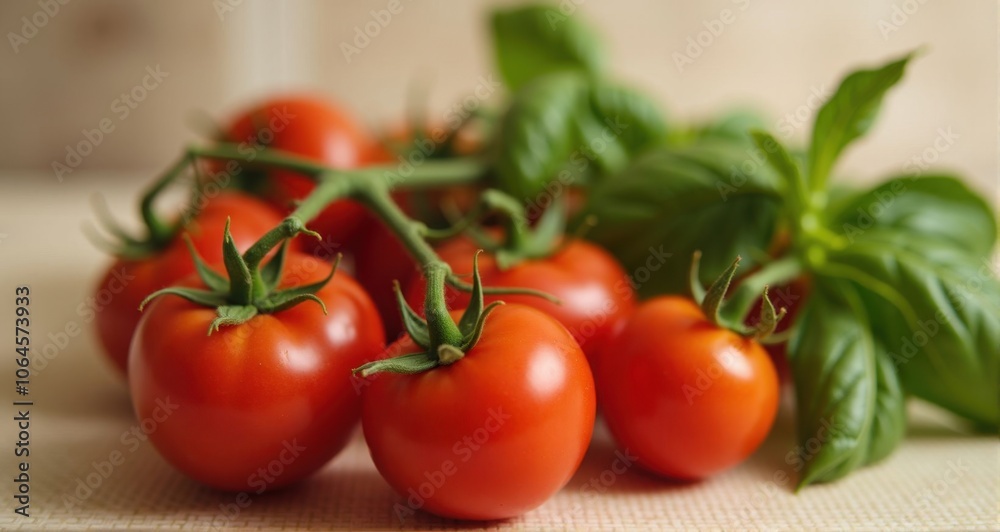 Fresh red tomatoes with green basil leaves Fresh red tomatoes with green basil leaves