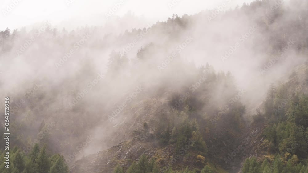 Fog Moving Over The Mountain Slopes With Trees On A Rainy Day. - wide shot Fog Moving Over The Mountain Slopes With Trees On A Rainy Day. - wide shot