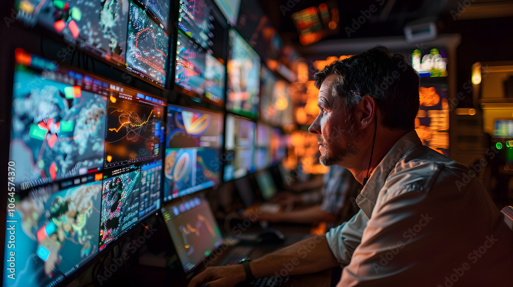 tech professional meticulously analyzes a vast array of data across multiple screens, epitomizing expertise and sophisticated technology use tech professional meticulously analyzes a vast array of data across multiple screens, epitomizing expertise and sophisticated technology use