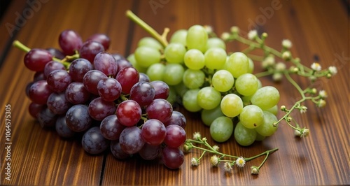 Fresh red and green grapes on wooden table