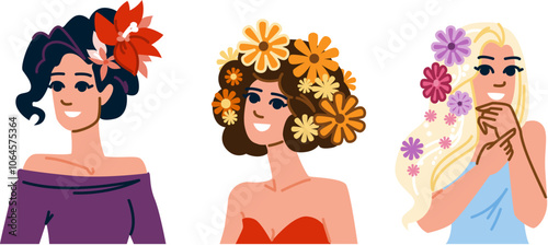 elegance flower in hair woman vector. style fashion, accessory petal, chic grace elegance flower in hair woman character. people flat cartoon illustration