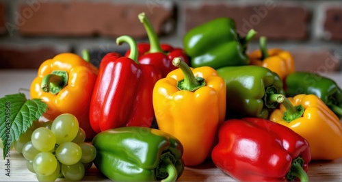 Colorful assortment of fresh peppers and grapes photo