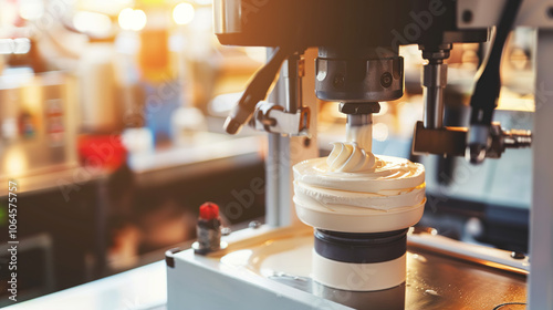 Close-up of Ice Cream Machine Dispensing Creamy Vanilla Ice Cream into Cone, Soft Focus on Surrounding Area to Highlight Main Subject, Clean and Simple Composition with Copy Space