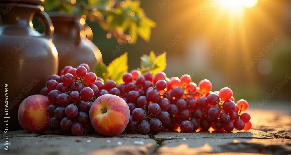 Vibrant apples and grapes at sunset Vibrant apples and grapes at sunset