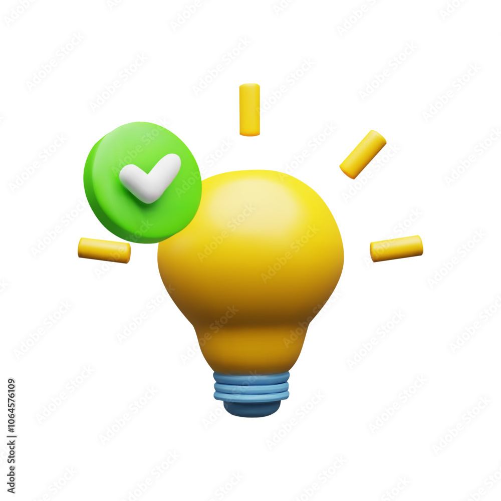 A 3D electric light bulb with a checkmark icon symbolizing ideas and creativity. A 3D electric light bulb with a checkmark icon symbolizing ideas and creativity.