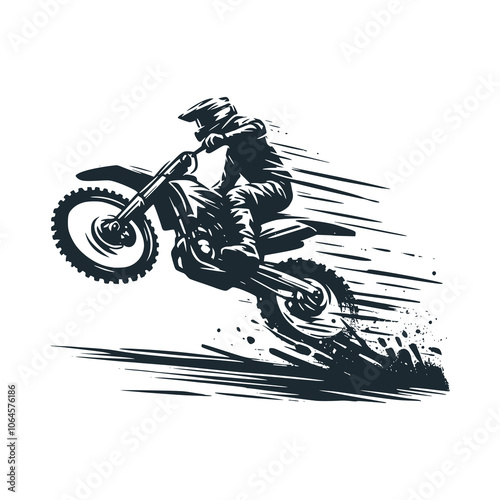 Trail rider jump. Black white vector illustration.