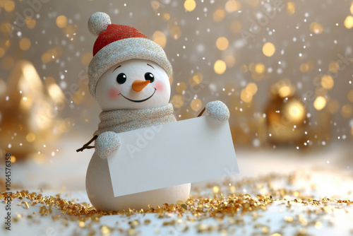 A cheerful snowman holding a blank sign amidst sparkling decorations during winter festivities photo