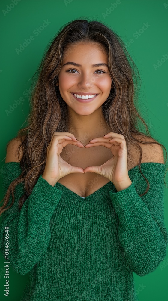 A happy young Latina woman displaying a heart-shaped gesture and a health care concept.